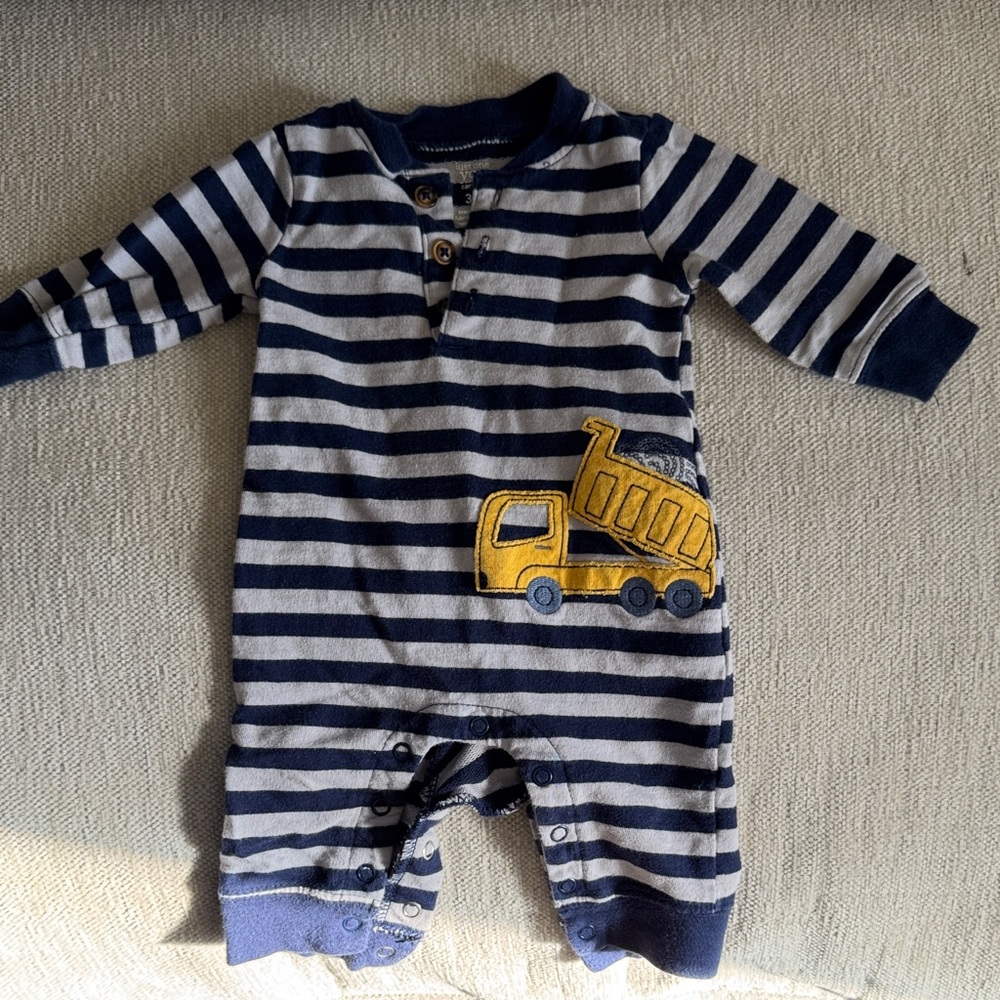 Navy and Yellow Striped Kids Footie with Truck Design